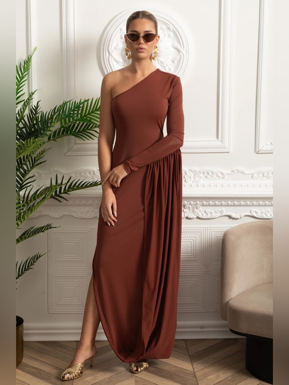 Sierra Darien Rust Brown One Shoulder Side Draped Panel Maxi Dress